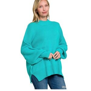 Zenana Womens Oversized Ribbed Mock Neck Sweater Turquoise Blue Size Medium